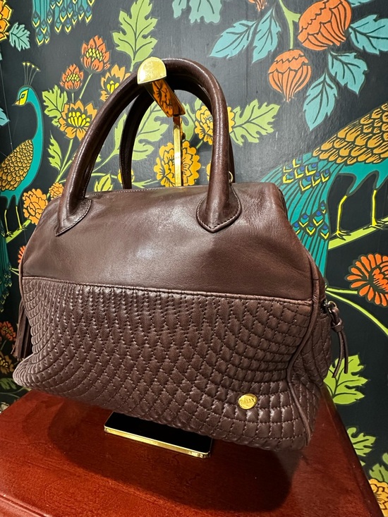 Vintage 1980s Bally Brown Lambskin Quilted Tassel Satchel Top Handle w/ D-Rings - Picture 5 of 14